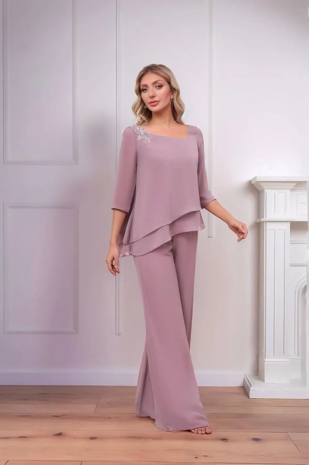 2 Pieces Mother of Bride Pants Suits Chiffon Wedding Guest Outfits for Women Dressy 3/4 Sleeve Formal Pants Suts