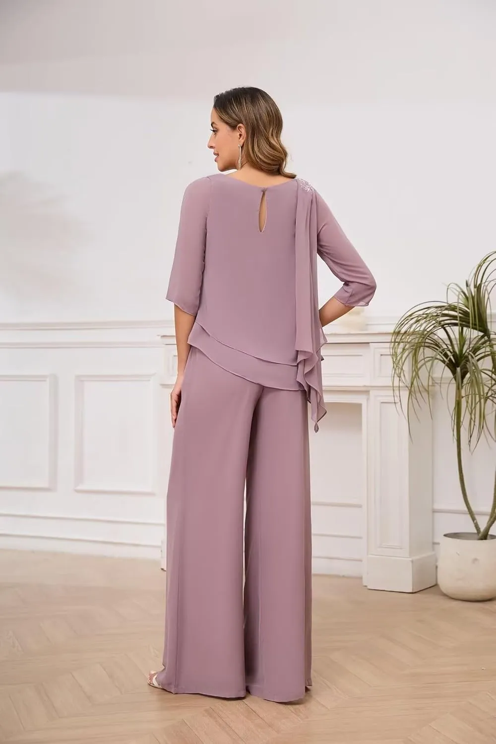 2 Pieces Mother of Bride Pants Suits Chiffon Wedding Guest Outfits for Women Dressy 3/4 Sleeve Formal Pants Suts