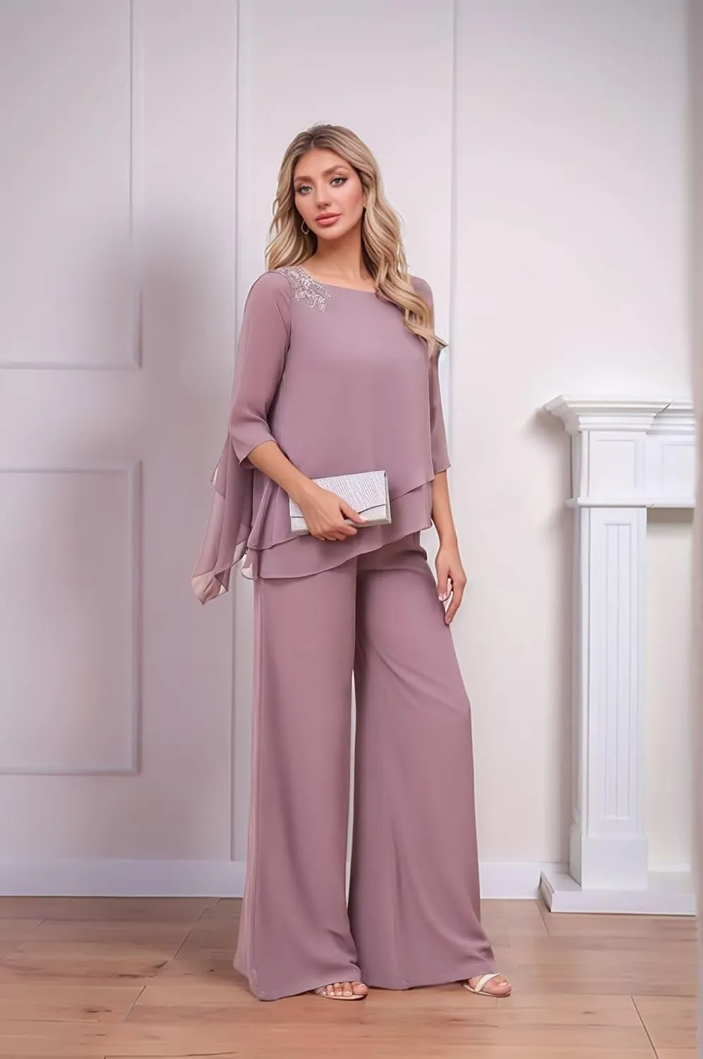 2 Pieces Mother of Bride Pants Suits Chiffon Wedding Guest Outfits for Women Dressy 3/4 Sleeve Formal Pants Suts