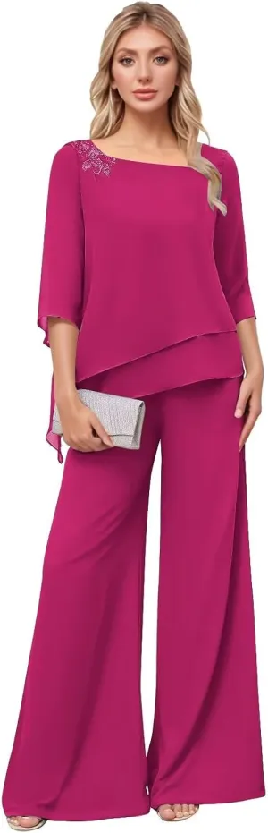 2 Pieces Mother of Bride Pants Suits Chiffon Wedding Guest Outfits for Women Dressy 3/4 Sleeve Formal Pants Suts
