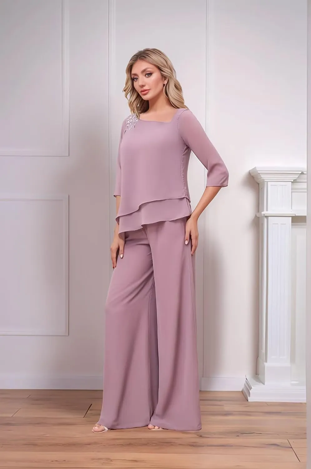 2 Pieces Mother of Bride Pants Suits Chiffon Wedding Guest Outfits for Women Dressy 3/4 Sleeve Formal Pants Suts