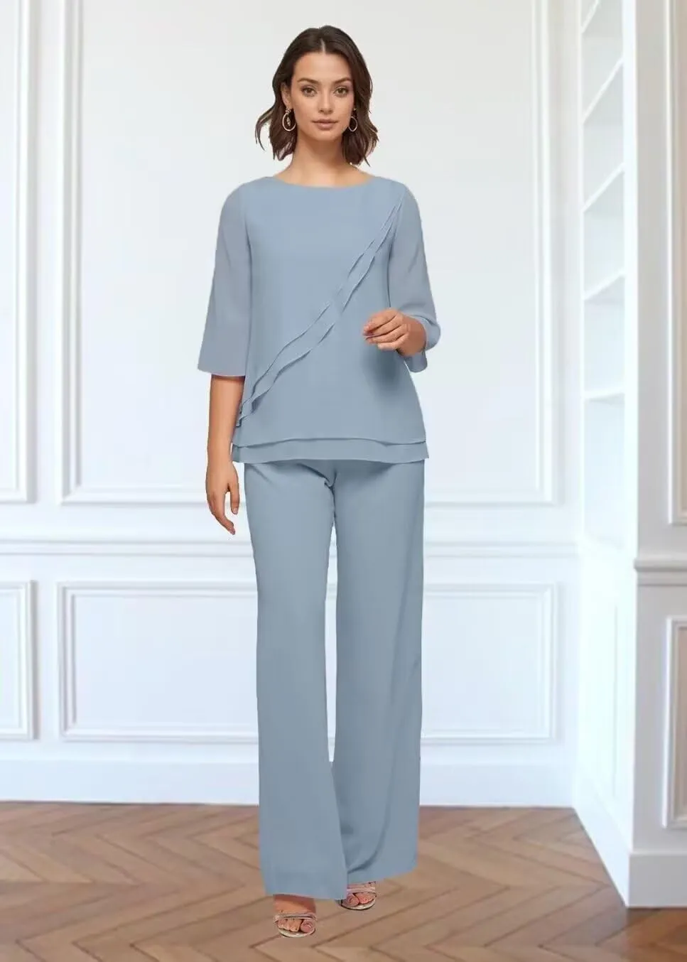 2 Pieces Pant Suits Mother of The Bride Dresses Jumpsuits Chiffon Formal Outfit for Wedding