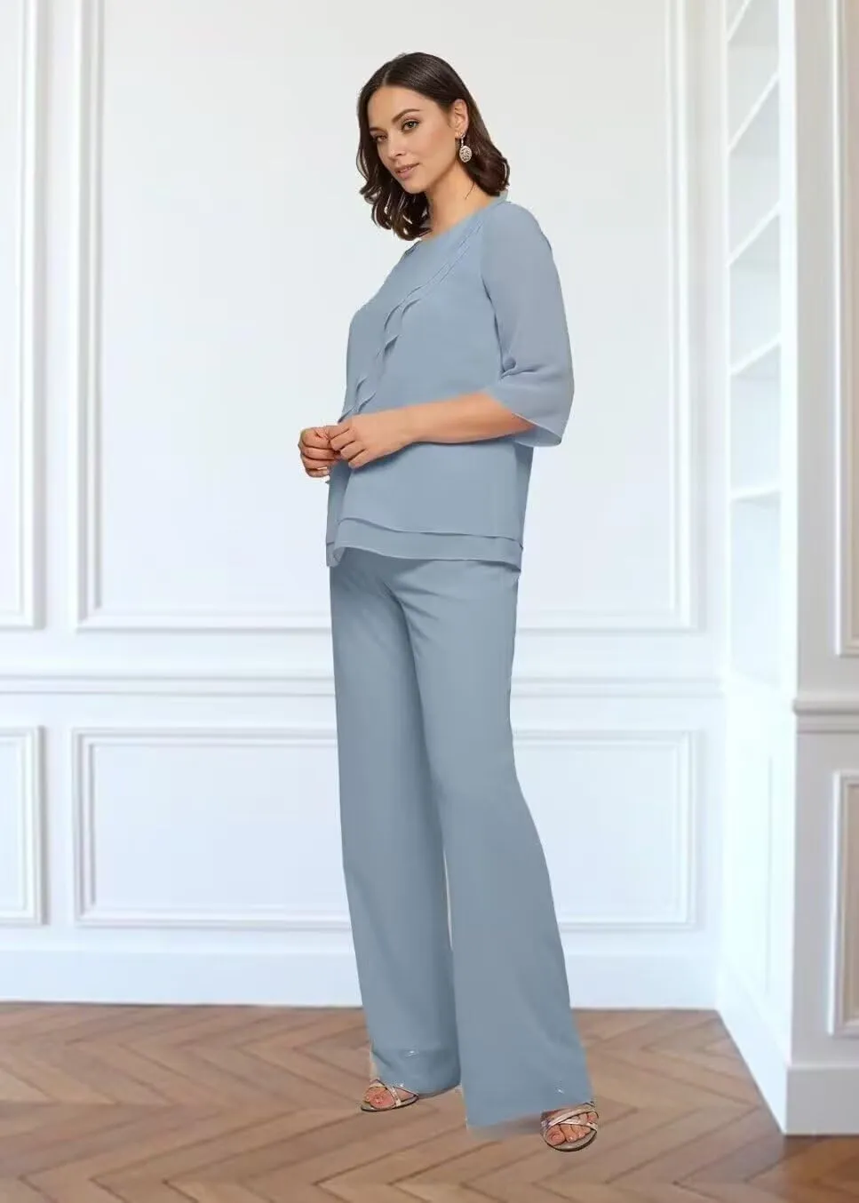 2 Pieces Pant Suits Mother of The Bride Dresses Jumpsuits Chiffon Formal Outfit for Wedding