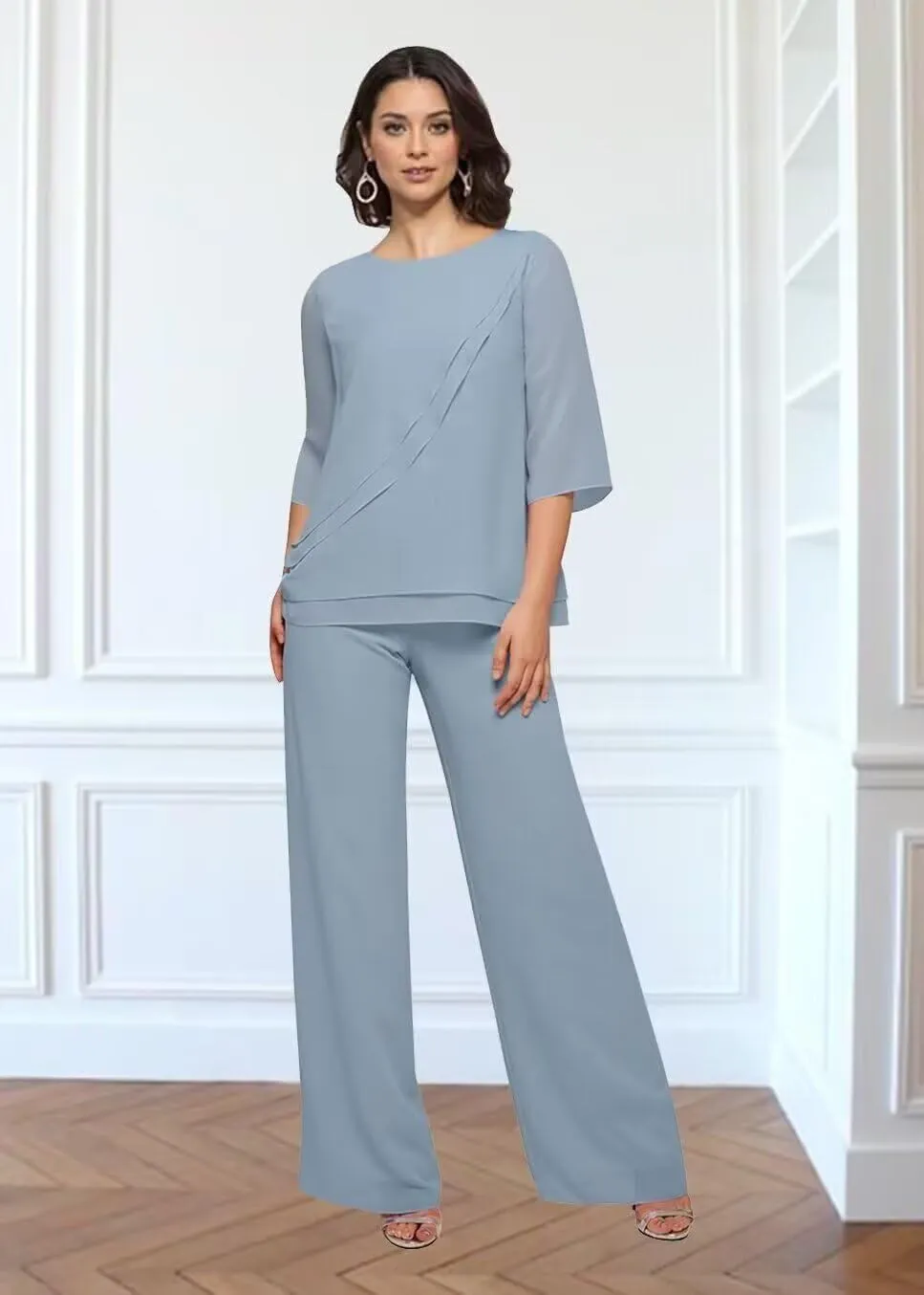 2 Pieces Pant Suits Mother of The Bride Dresses Jumpsuits Chiffon Formal Outfit for Wedding