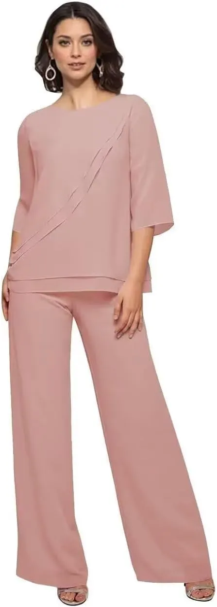 2 Pieces Pant Suits Mother of The Bride Dresses Jumpsuits Chiffon Formal Outfit for Wedding