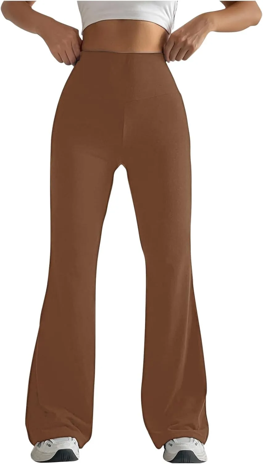 2024 Womens Stretch High Waist Leggings Regular Fitted Solid Flared Pants Active Workout Yoga Pants Seamless Trousers