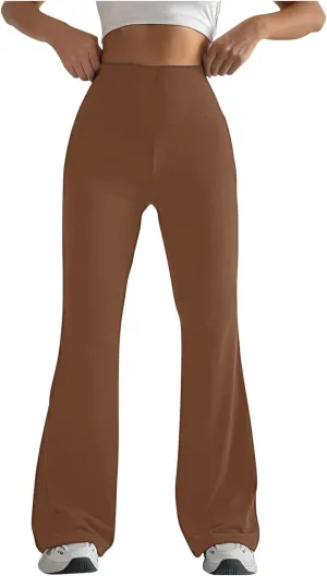 2024 Womens Stretch High Waist Leggings Regular Fitted Solid Flared Pants Active Workout Yoga Pants Seamless Trousers