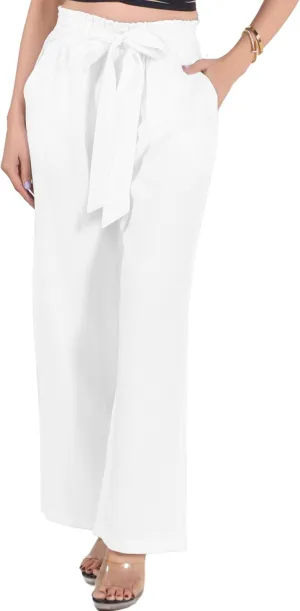 2025 Women's Wide Leg Palazzo Pants with Pockets Adjustable Knot Elastic High Waist Casual Beach Lounge Trousers - X-Large Bright White