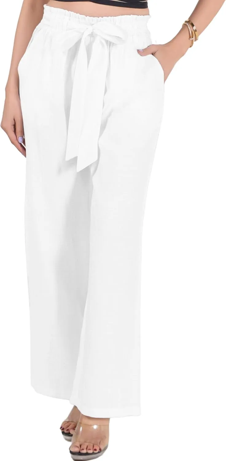 2025 Women's Wide Leg Palazzo Pants with Pockets Adjustable Knot Elastic High Waist Casual Beach Lounge Trousers - X-Large Bright White