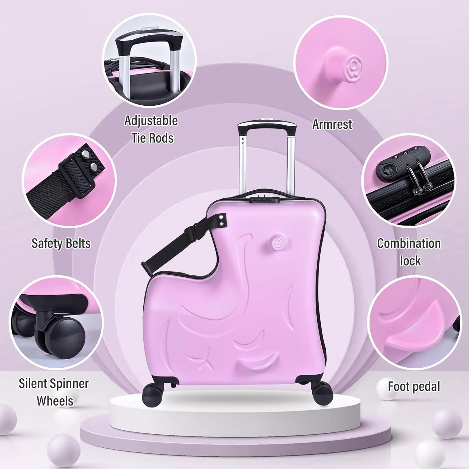 20" Ride on Suitcase for Kids 3-6 | Toddler Ride on Suitcase W Safety Belt | Kids Carry-on Luggage With Silent Wheels | Toddler Loggage Combination Lock for Chileren | Equipped With Handlebars Pedals
