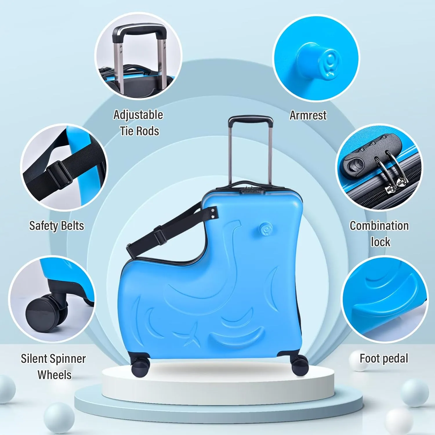 20" Ride On Suitcase for Kids 3-6 | Toddler Ride Suitcase W Safety Belt | Kids Carry Luggage With Silent Wheels | Toddler Luggage Combination Lock for Children | Equipped With Handlebars Pedals