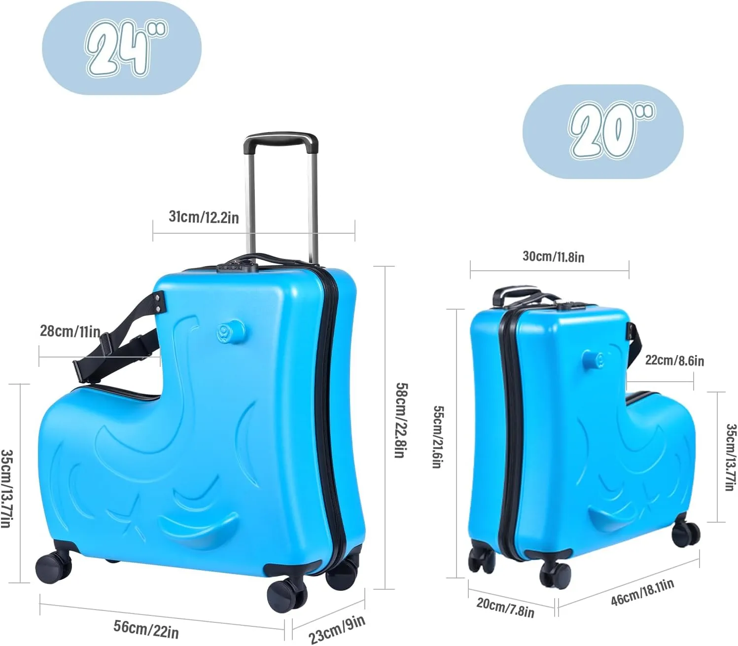 20" Ride On Suitcase for Kids 3-6 | Toddler Ride Suitcase W Safety Belt | Kids Carry Luggage With Silent Wheels | Toddler Luggage Combination Lock for Children | Equipped With Handlebars Pedals