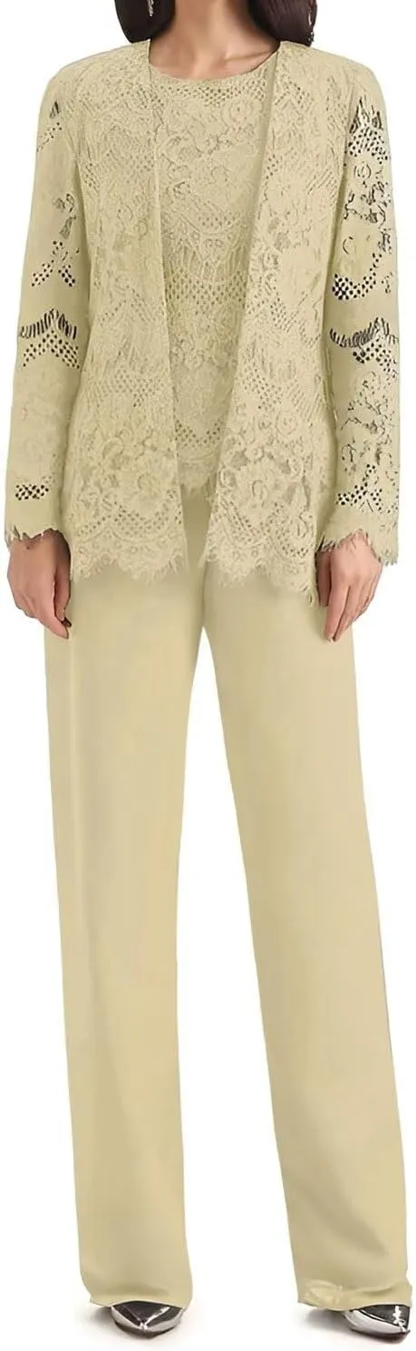 3 Pieces Mother of The Bride Pant Suits for Wedding Lace Chiffon Pant Suits Grandmother of The Bride Pant Suits