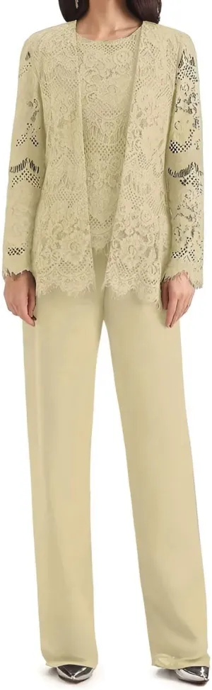 3 Pieces Mother of The Bride Pant Suits for Wedding Lace Chiffon Pant Suits Grandmother of The Bride Pant Suits