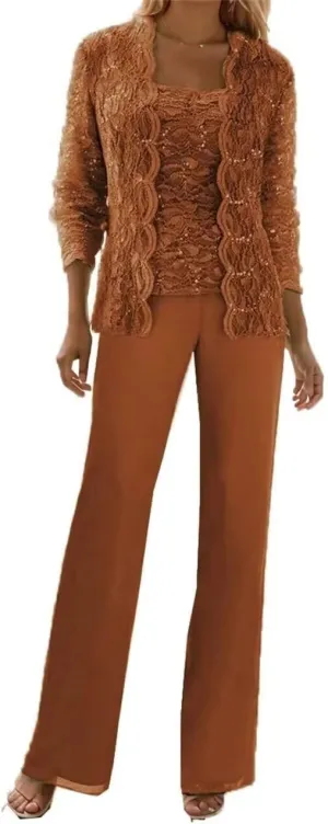 3 Pieces Mother of The Bride Pant Suits Formal Outfit Lace Chiffon Grandmother Wedding Guest Dresses