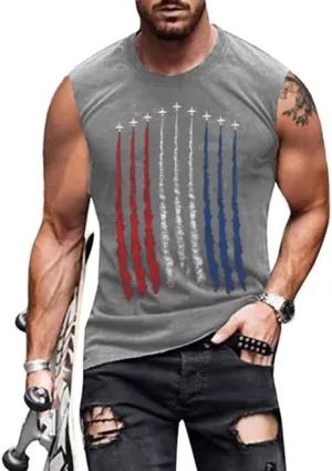 4th of July American Flag Patriotic Tank Top Shirts Mens Air Force Flyover Muscle Sleeveless Graphic Gym Workout Shirt
