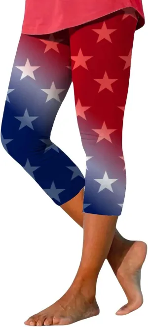 4th of July Capri Leggings for Women High Waist Capris Pant Tummy Control Knee Length Slim Fit Yoga Cropped Trouser