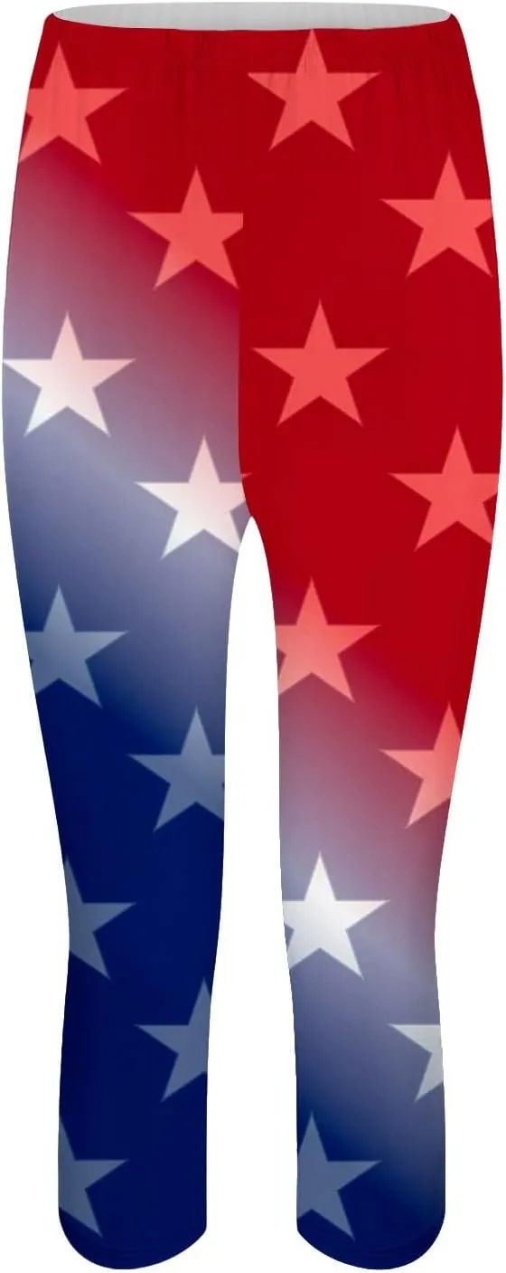 4th of July Capri Leggings for Women High Waist Capris Pant Tummy Control Knee Length Slim Fit Yoga Cropped Trouser
