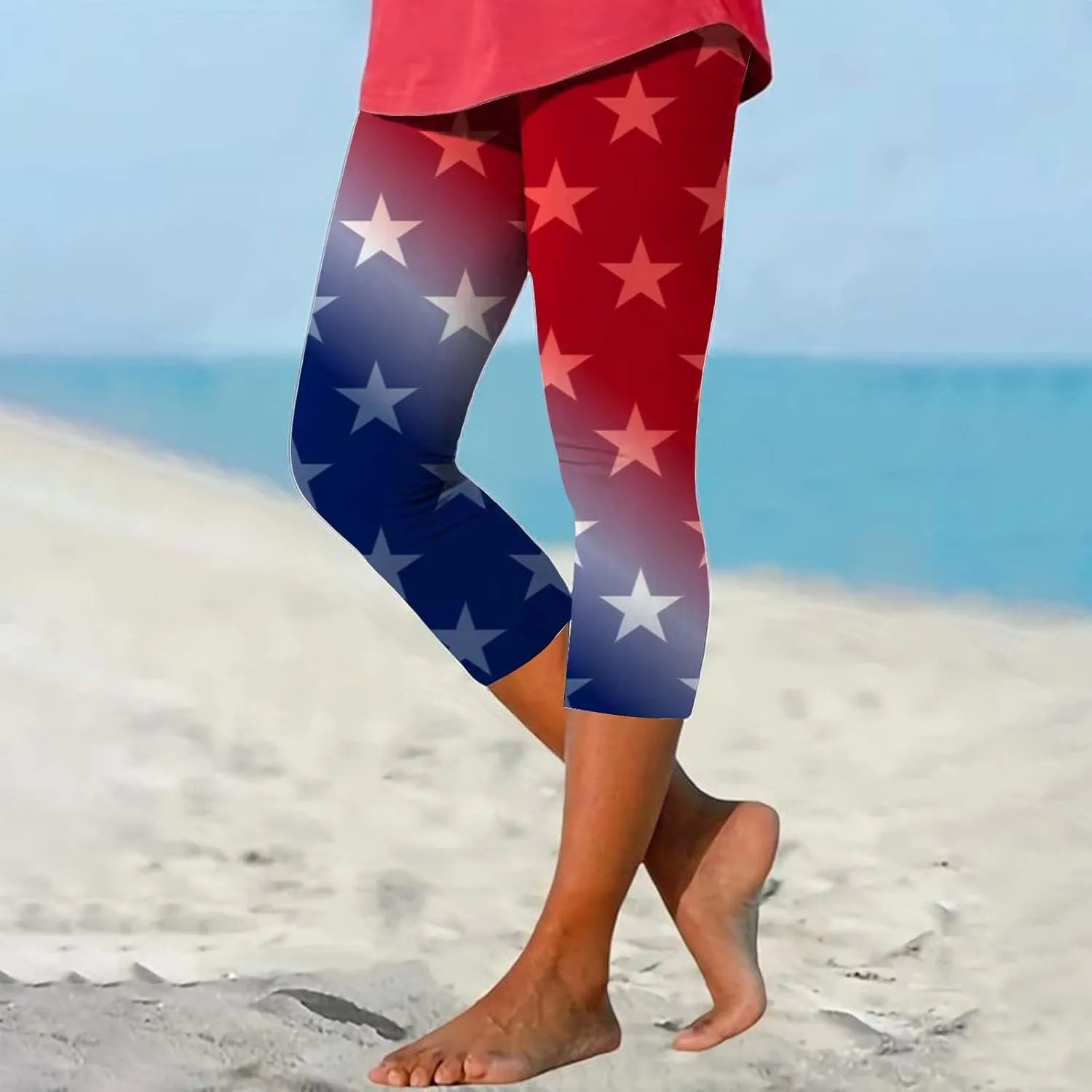 4th of July Capri Leggings for Women High Waist Capris Pant Tummy Control Knee Length Slim Fit Yoga Cropped Trouser