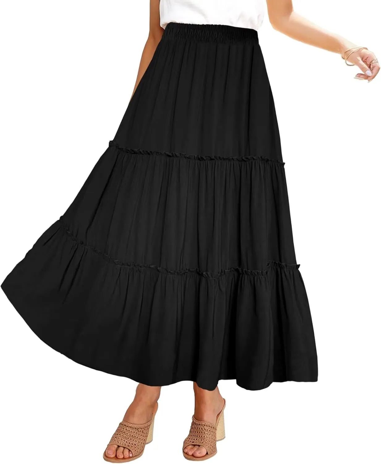 Afibi Womens High Waist A Line Ruffle Swing Long Maxi Skirt with Pockets