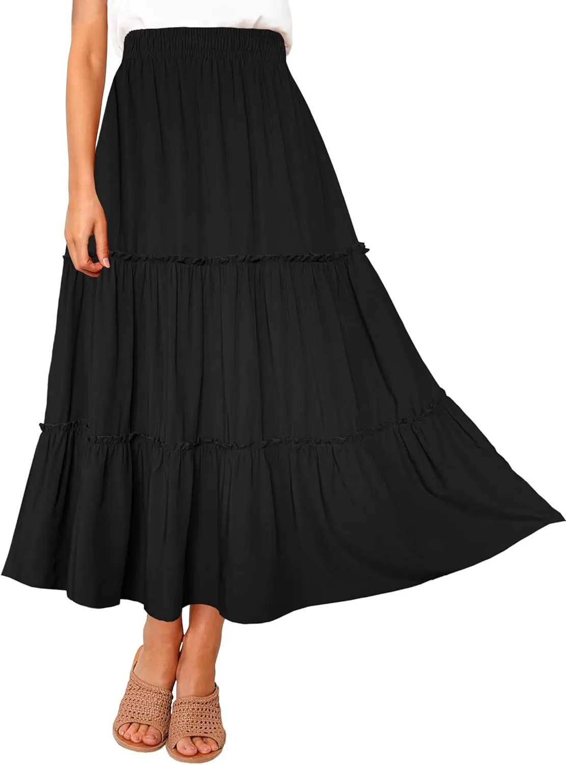 Afibi Womens High Waist A Line Ruffle Swing Long Maxi Skirt with Pockets