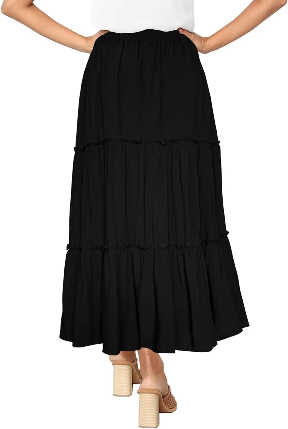 Afibi Womens High Waist A Line Ruffle Swing Long Maxi Skirt with Pockets