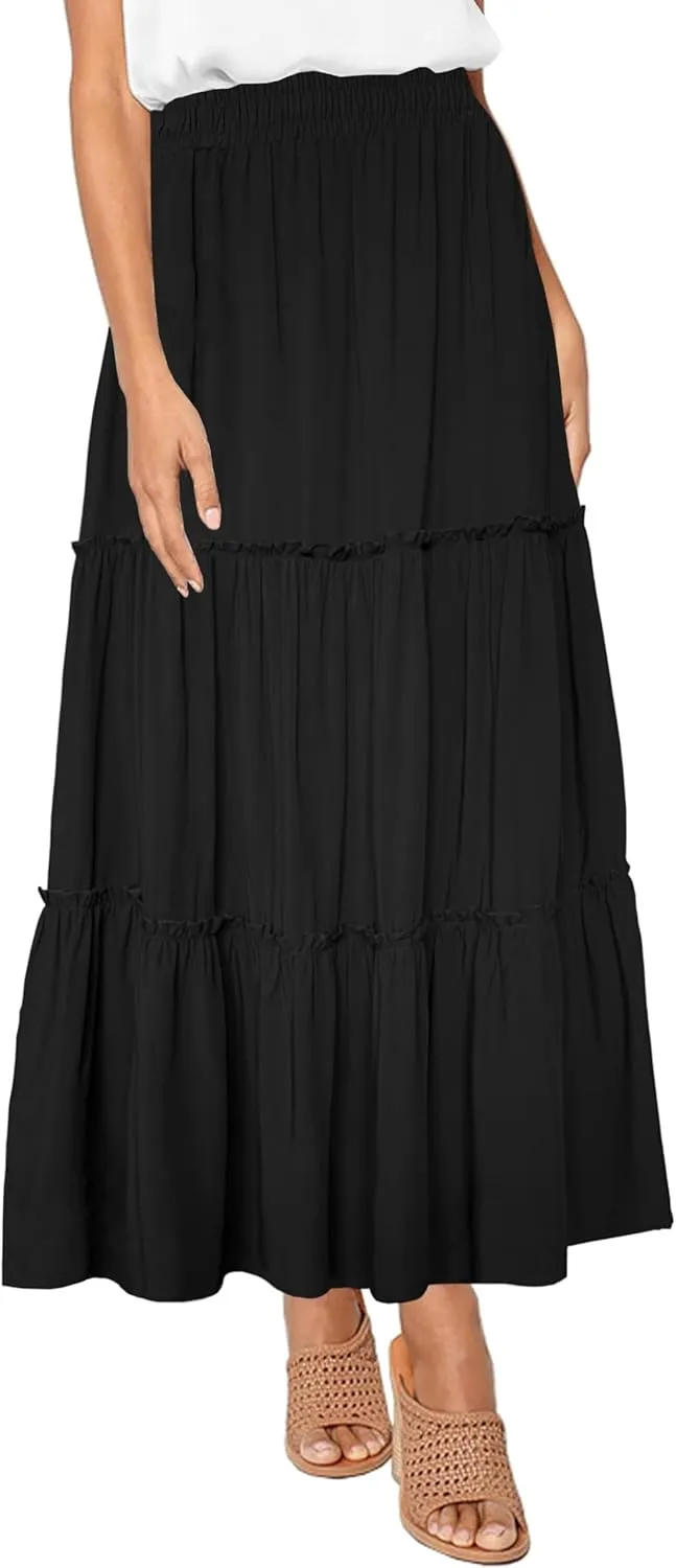 Afibi Womens High Waist A Line Ruffle Swing Long Maxi Skirt with Pockets