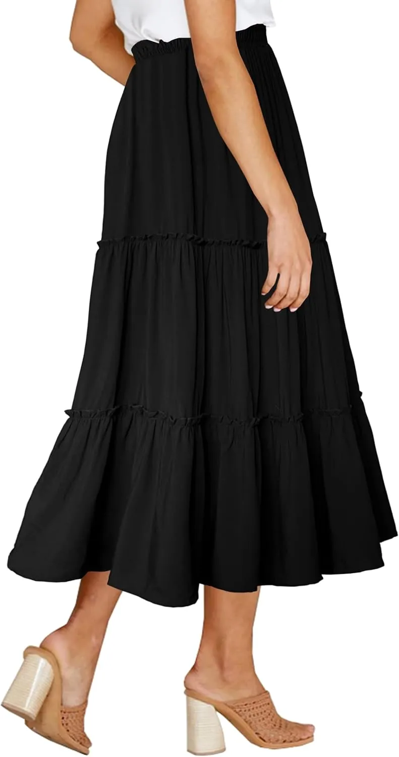 Afibi Womens High Waist A Line Ruffle Swing Long Maxi Skirt with Pockets