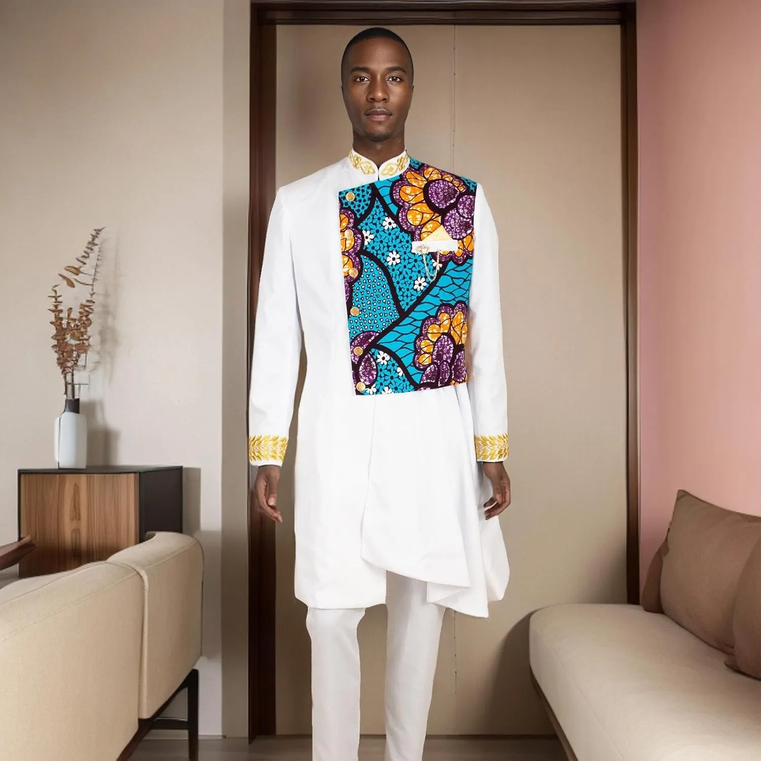 African Suits for Men Full Sleeve Chain Embroidery Single Breasted Print Blazer and Pants Set Formal Outfits