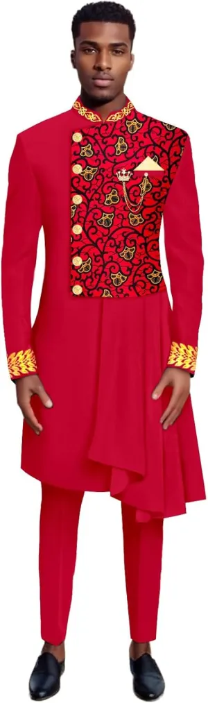 African Suits for Men Full Sleeve Chain Embroidery Single Breasted Print Blazer and Pants Set Formal Outfits