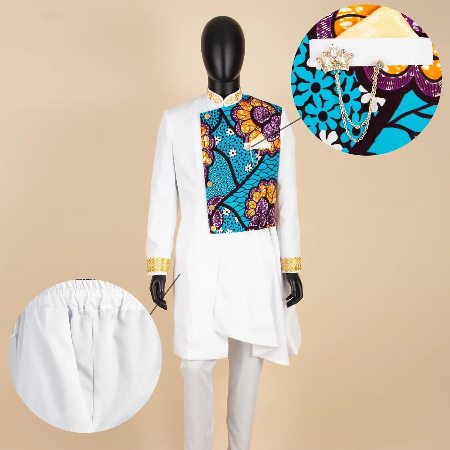 African Suits for Men Full Sleeve Chain Embroidery Single Breasted Print Blazer and Pants Set Formal Outfits