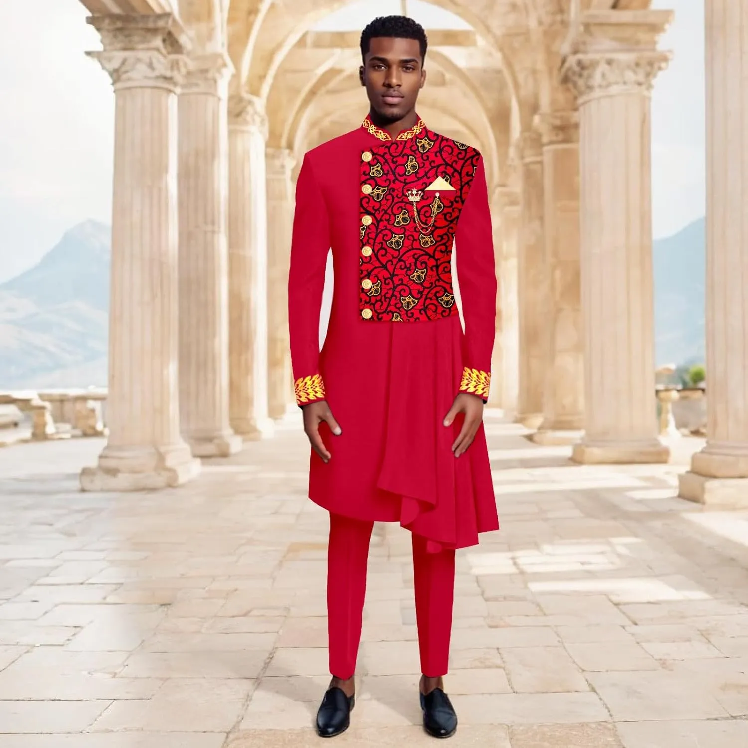 African Suits for Men Full Sleeve Chain Embroidery Single Breasted Print Blazer and Pants Set Formal Outfits