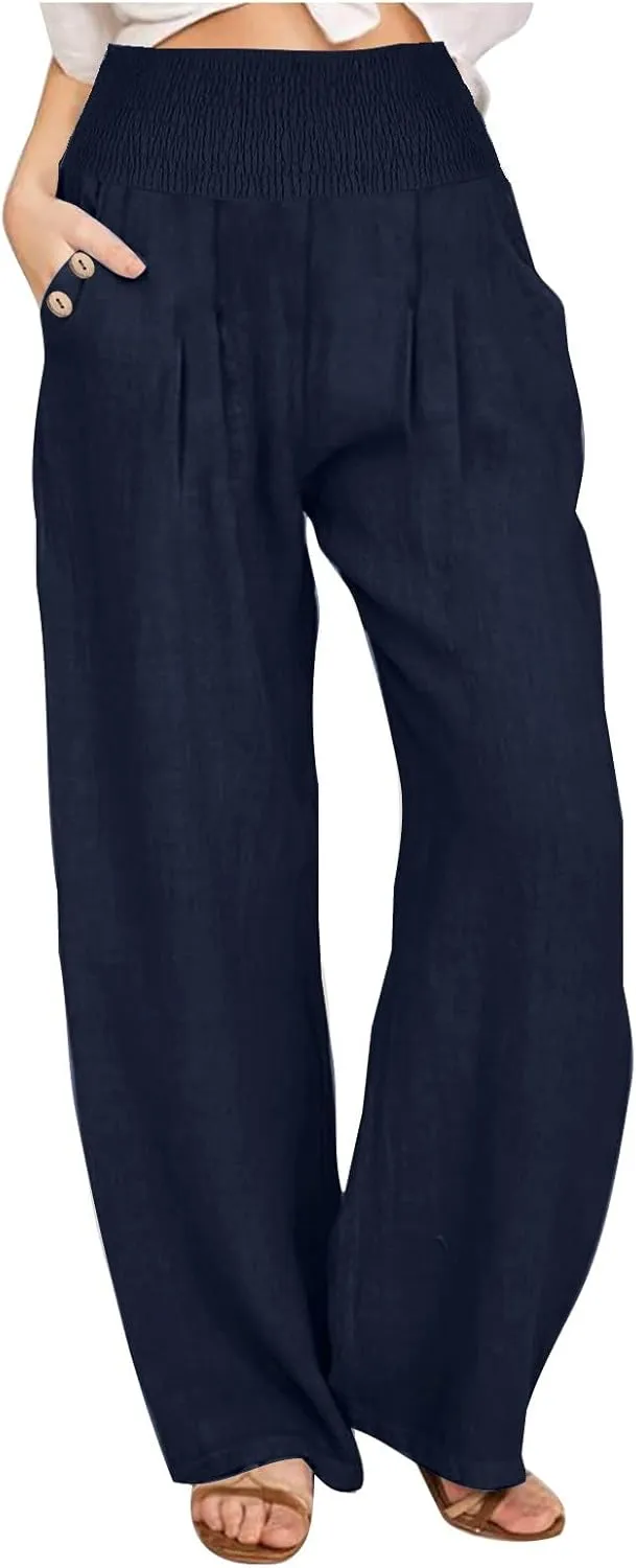 Akklian Cotton Linen Palazzo Pants Women Summer High Waisted Wide Leg Long Lounge Pant Flowy Casual Beach Trouser with Pocket