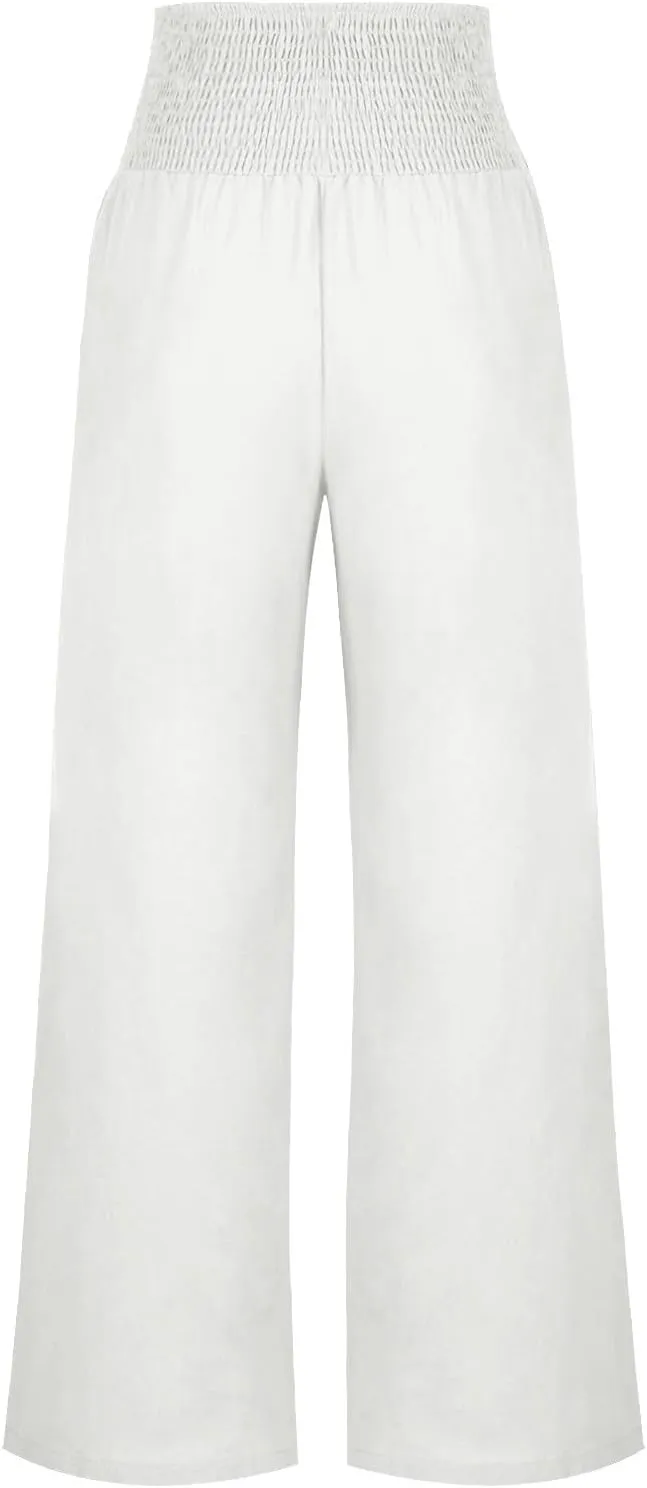 Akklian Cotton Linen Palazzo Pants Women Summer High Waisted Wide Leg Long Lounge Pant Flowy Casual Beach Trouser with Pocket