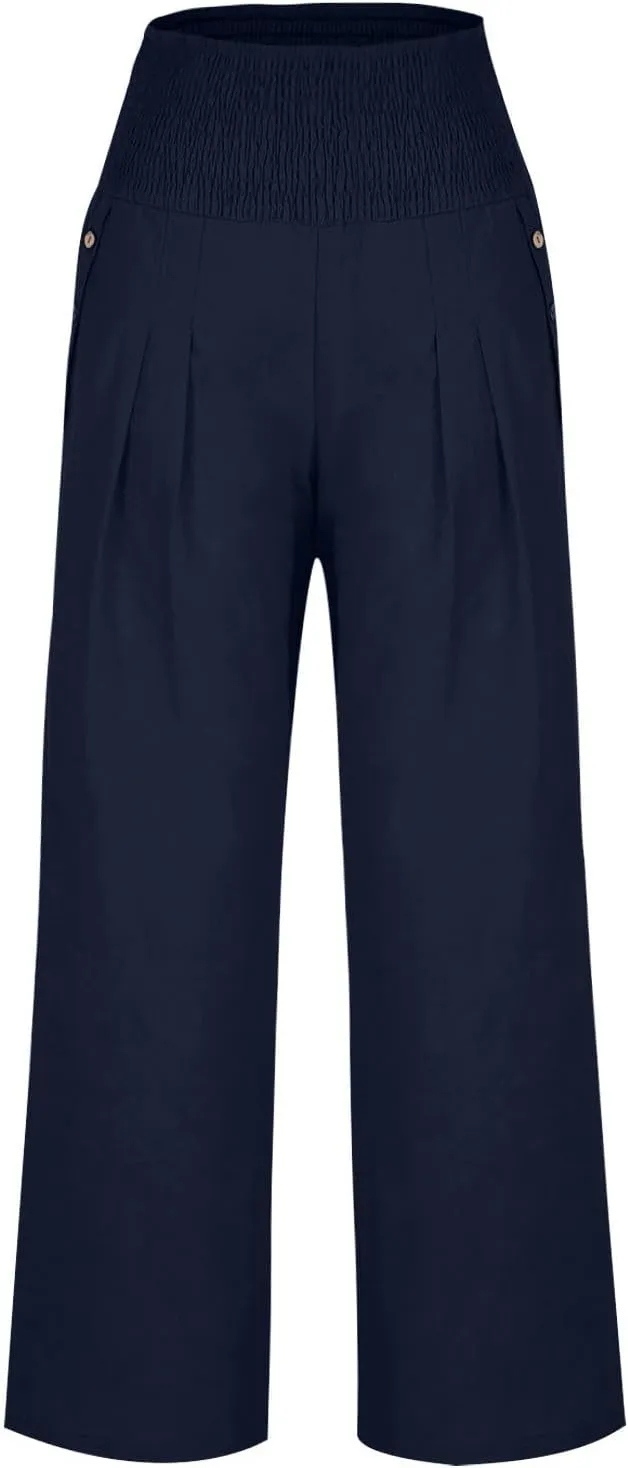 Akklian Cotton Linen Palazzo Pants Women Summer High Waisted Wide Leg Long Lounge Pant Flowy Casual Beach Trouser with Pocket