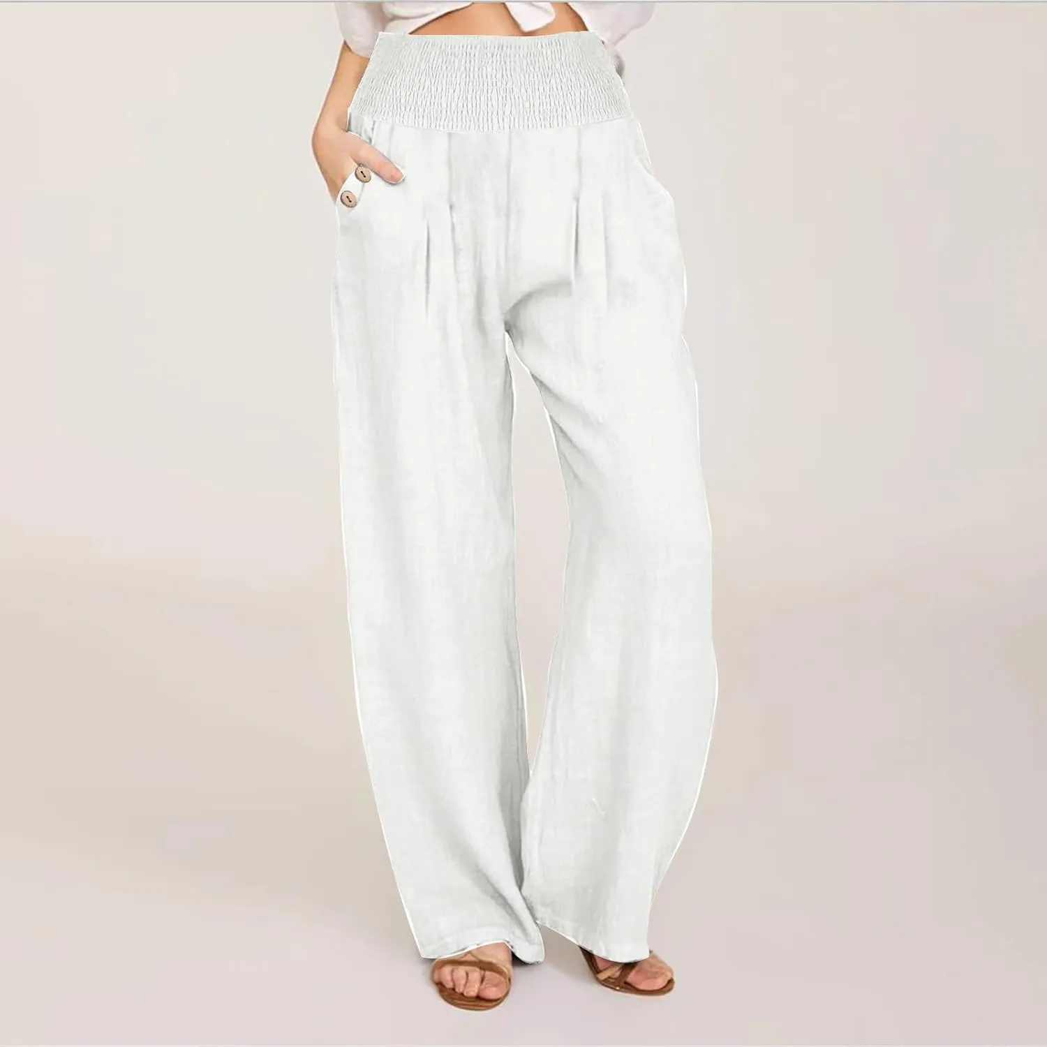 Akklian Cotton Linen Palazzo Pants Women Summer High Waisted Wide Leg Long Lounge Pant Flowy Casual Beach Trouser with Pocket