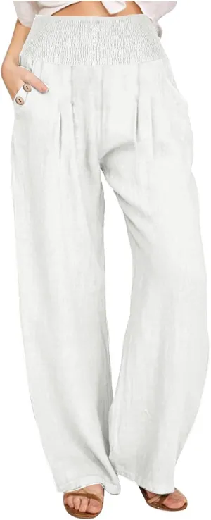 Akklian Cotton Linen Palazzo Pants Women Summer High Waisted Wide Leg Long Lounge Pant Flowy Casual Beach Trouser with Pocket