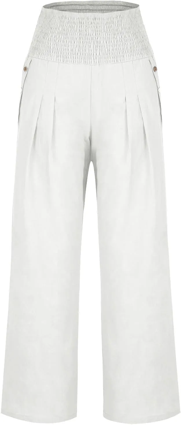 Akklian Cotton Linen Palazzo Pants Women Summer High Waisted Wide Leg Long Lounge Pant Flowy Casual Beach Trouser with Pocket
