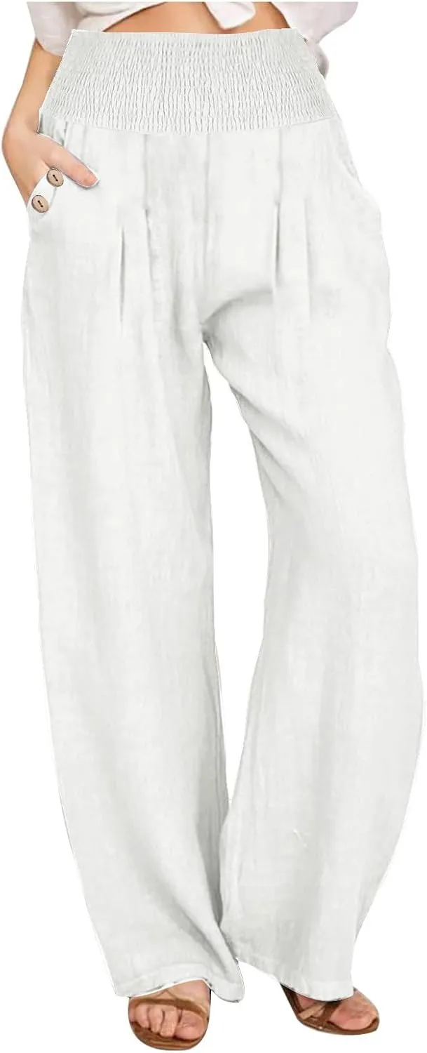 Akklian Cotton Linen Palazzo Pants Women Summer High Waisted Wide Leg Long Lounge Pant Flowy Casual Beach Trouser with Pocket