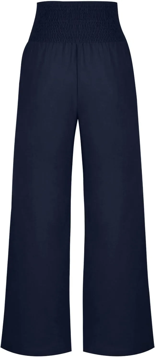 Akklian Cotton Linen Palazzo Pants Women Summer High Waisted Wide Leg Long Lounge Pant Flowy Casual Beach Trouser with Pocket