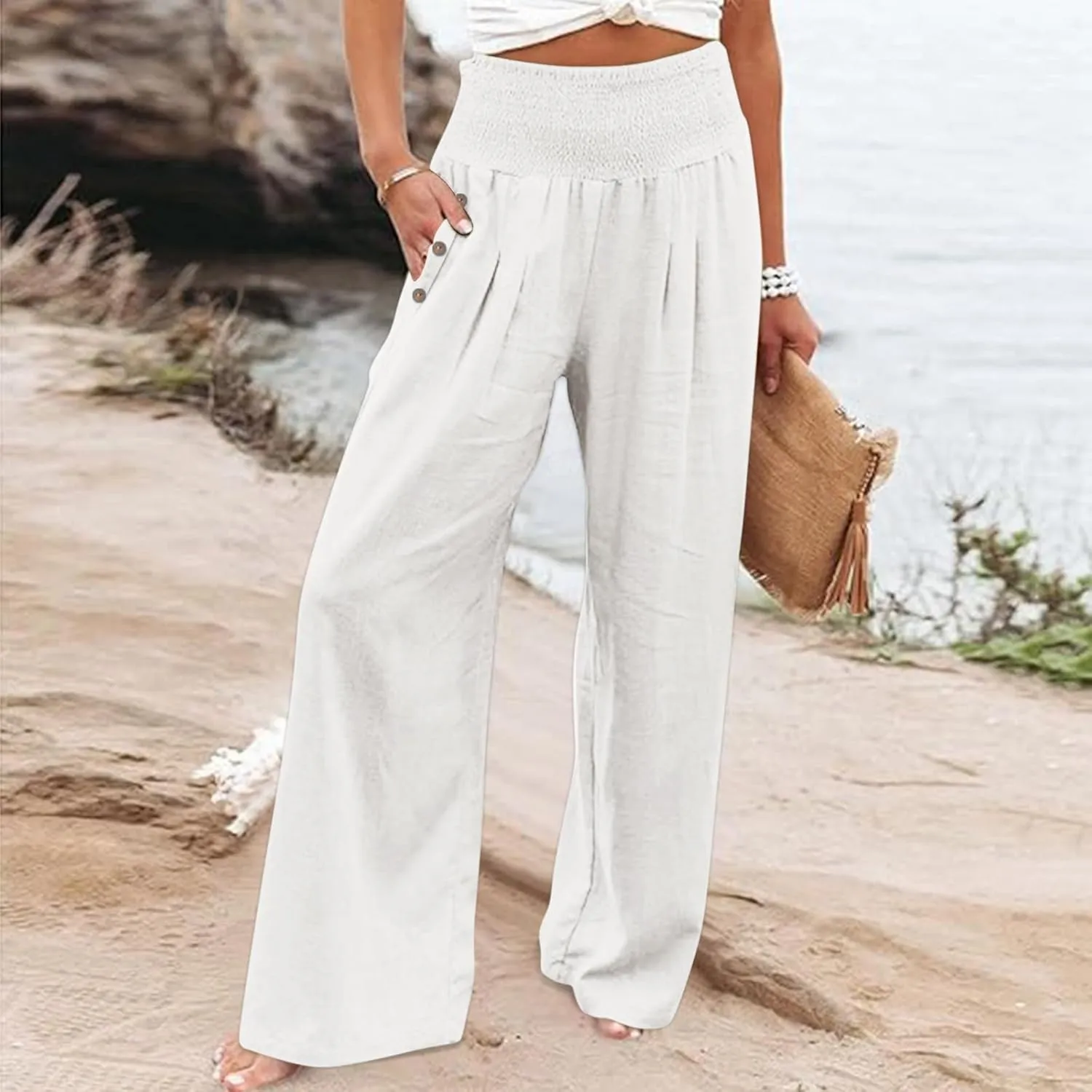 Akklian Cotton Linen Palazzo Pants Women Summer High Waisted Wide Leg Long Lounge Pant Flowy Casual Beach Trouser with Pocket