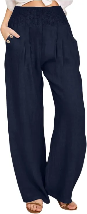 Akklian Cotton Linen Palazzo Pants Women Summer High Waisted Wide Leg Long Lounge Pant Flowy Casual Beach Trouser with Pocket