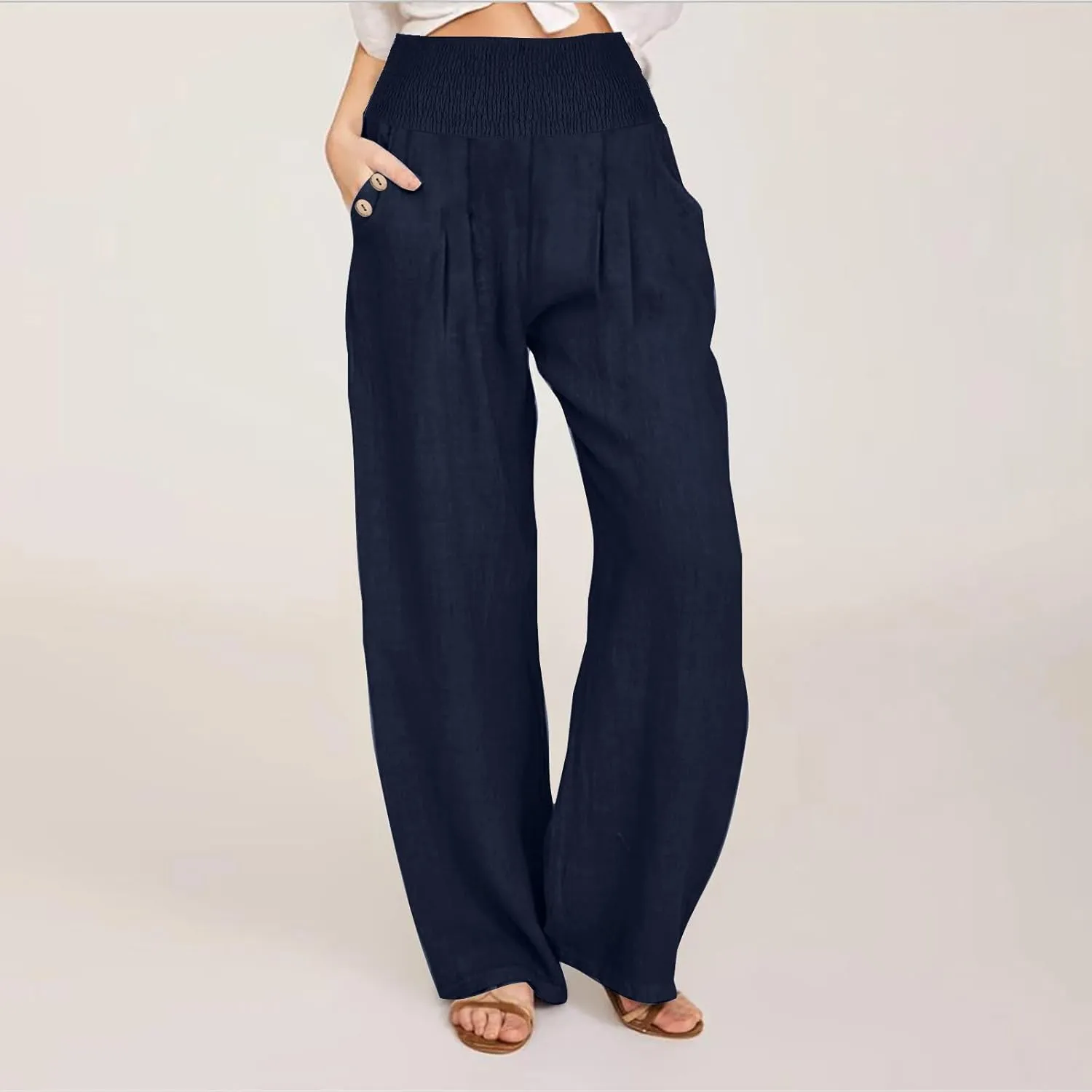 Akklian Cotton Linen Palazzo Pants Women Summer High Waisted Wide Leg Long Lounge Pant Flowy Casual Beach Trouser with Pocket