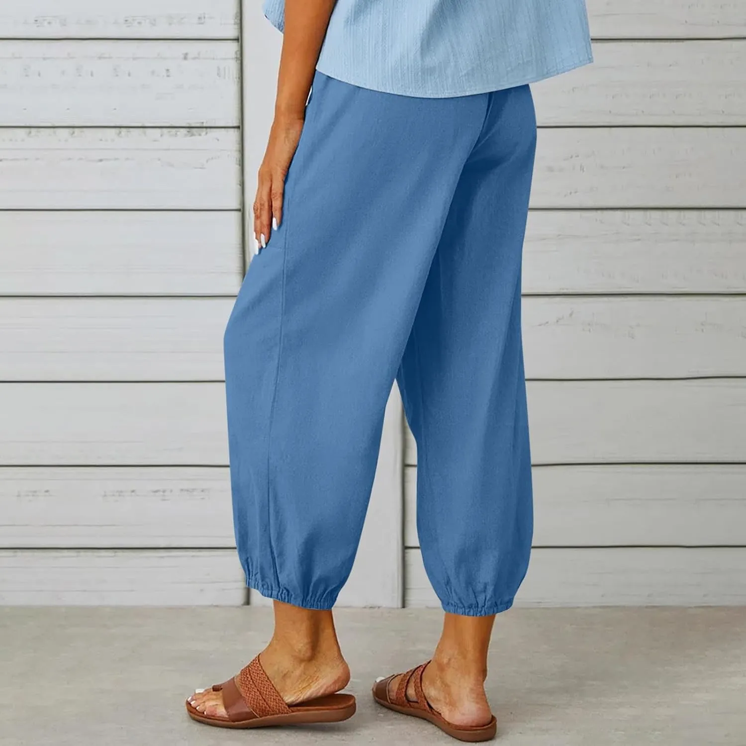 Akklian Linen Pants Women Beach Drawstring Capri Pants Summer Casual Pockets High Waisted Button Slit Baggy Trousers 2025