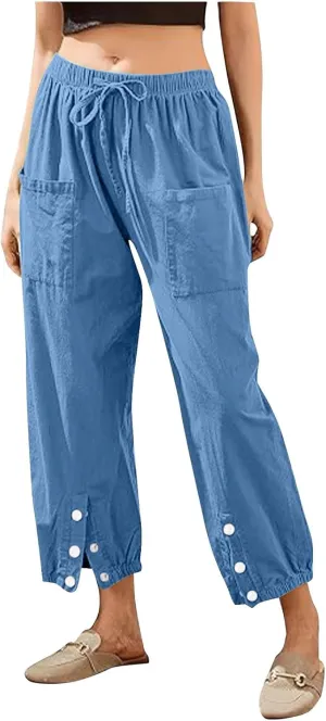 Akklian Linen Pants Women Beach Drawstring Capri Pants Summer Casual Pockets High Waisted Button Slit Baggy Trousers 2025