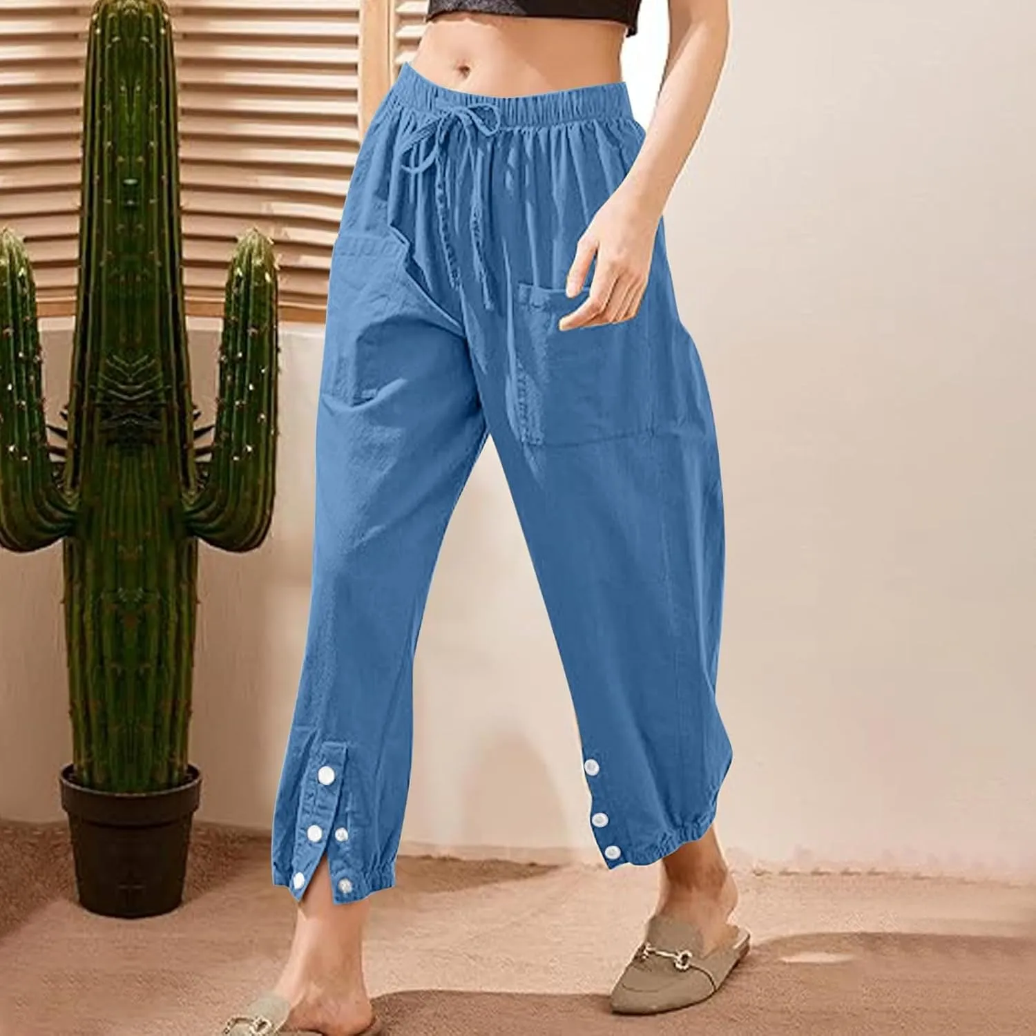 Akklian Linen Pants Women Beach Drawstring Capri Pants Summer Casual Pockets High Waisted Button Slit Baggy Trousers 2025