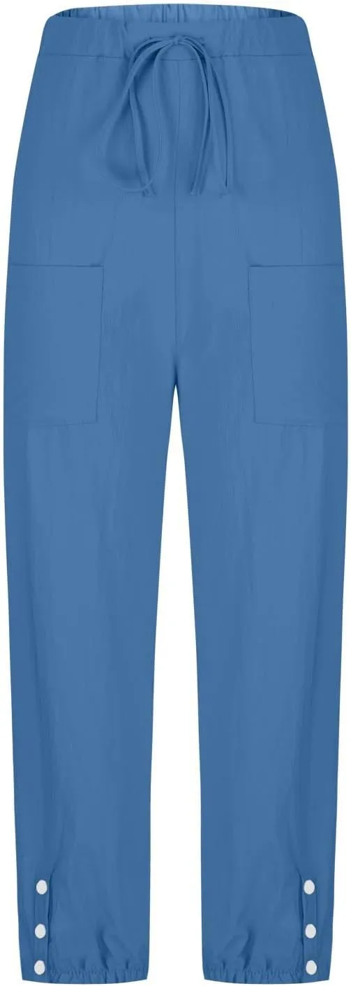 Akklian Linen Pants Women Beach Drawstring Capri Pants Summer Casual Pockets High Waisted Button Slit Baggy Trousers 2025
