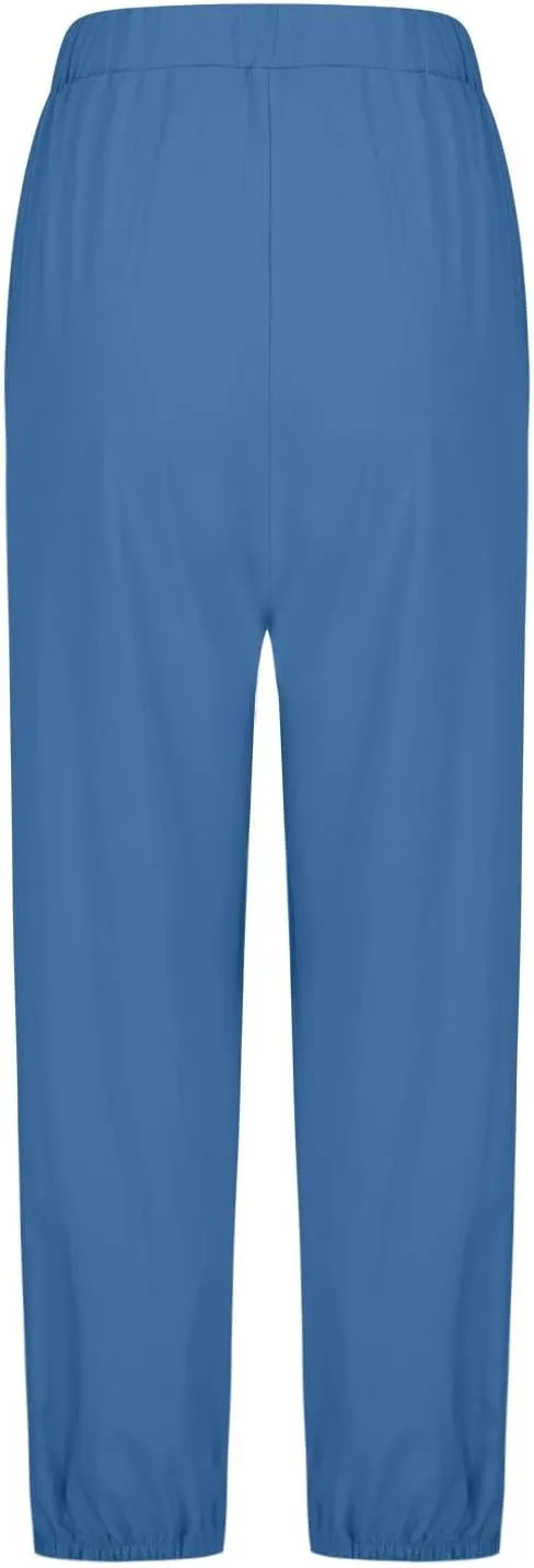 Akklian Linen Pants Women Beach Drawstring Capri Pants Summer Casual Pockets High Waisted Button Slit Baggy Trousers 2025
