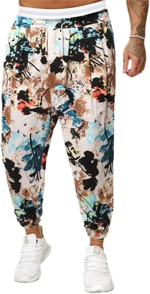 Alloaone Men Print Harem Pants Cool Street Elastic Waist Pants Jogger Sweatpants Style Loose Trousers