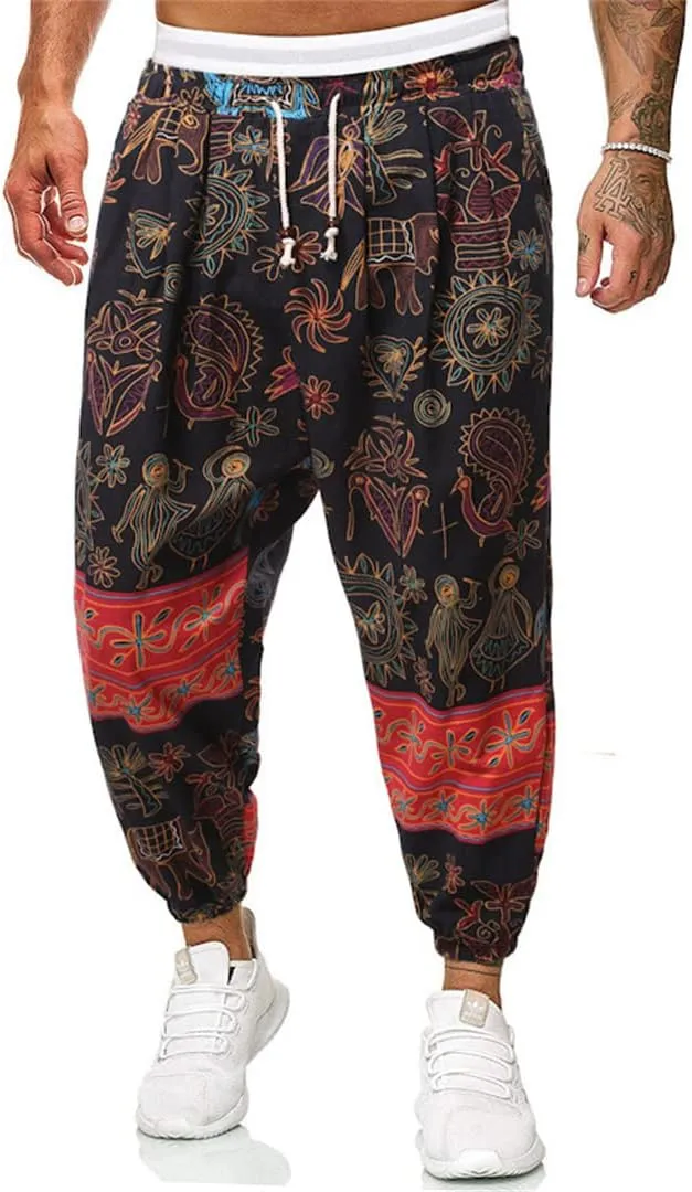 Alloaone Men Print Harem Pants Cool Street Elastic Waist Pants Jogger Sweatpants Style Loose Trousers